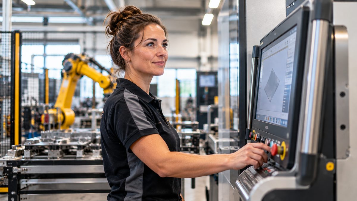 Operator bedient een machine in een productiehal