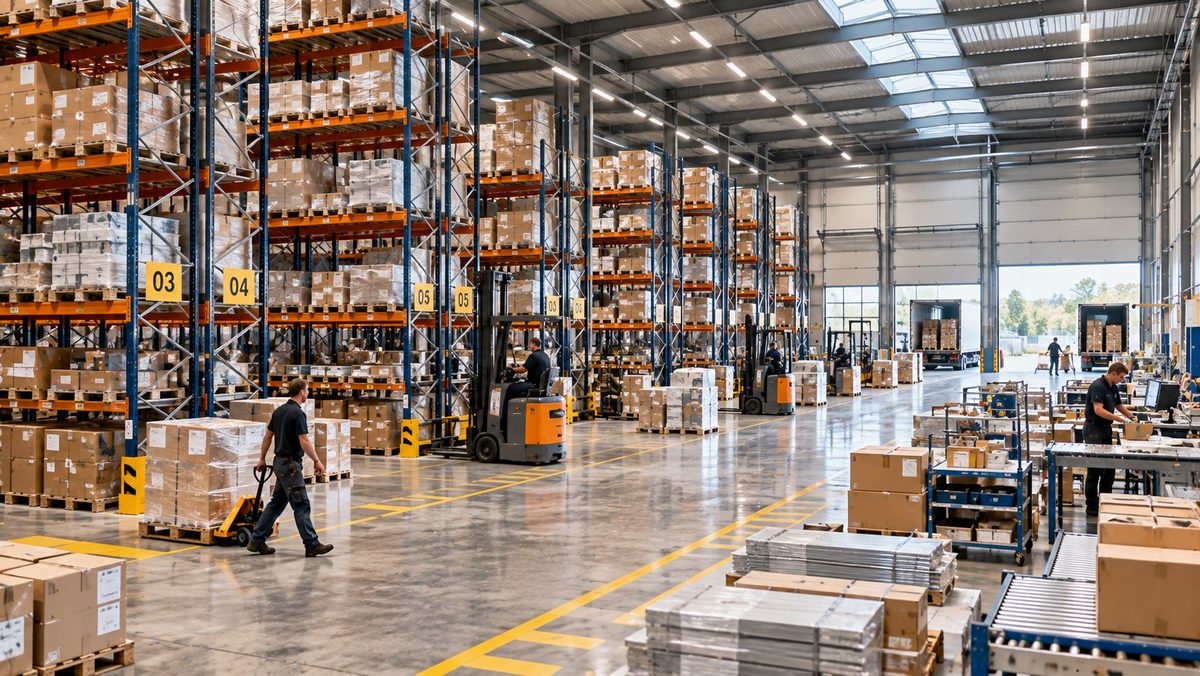 Groot magazijn met medewerkers aan het werk