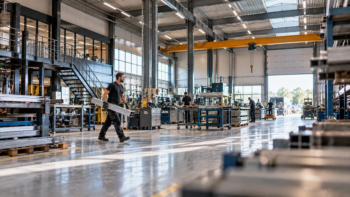 Medewerker loopt met materiaal door een productiehal
