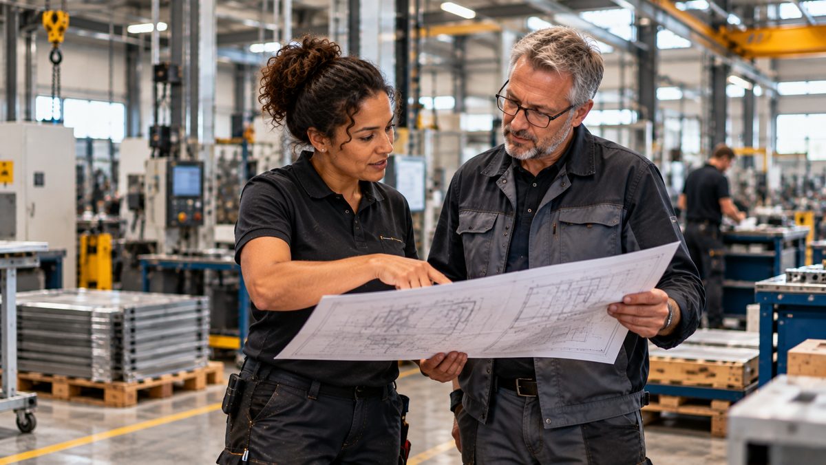 Werkvoorbereiders bespreken samen een tekening