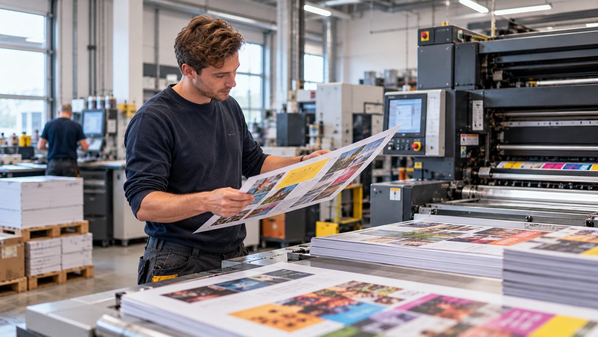 Drukker bekijkt kleurrijk drukwerk naast de pers