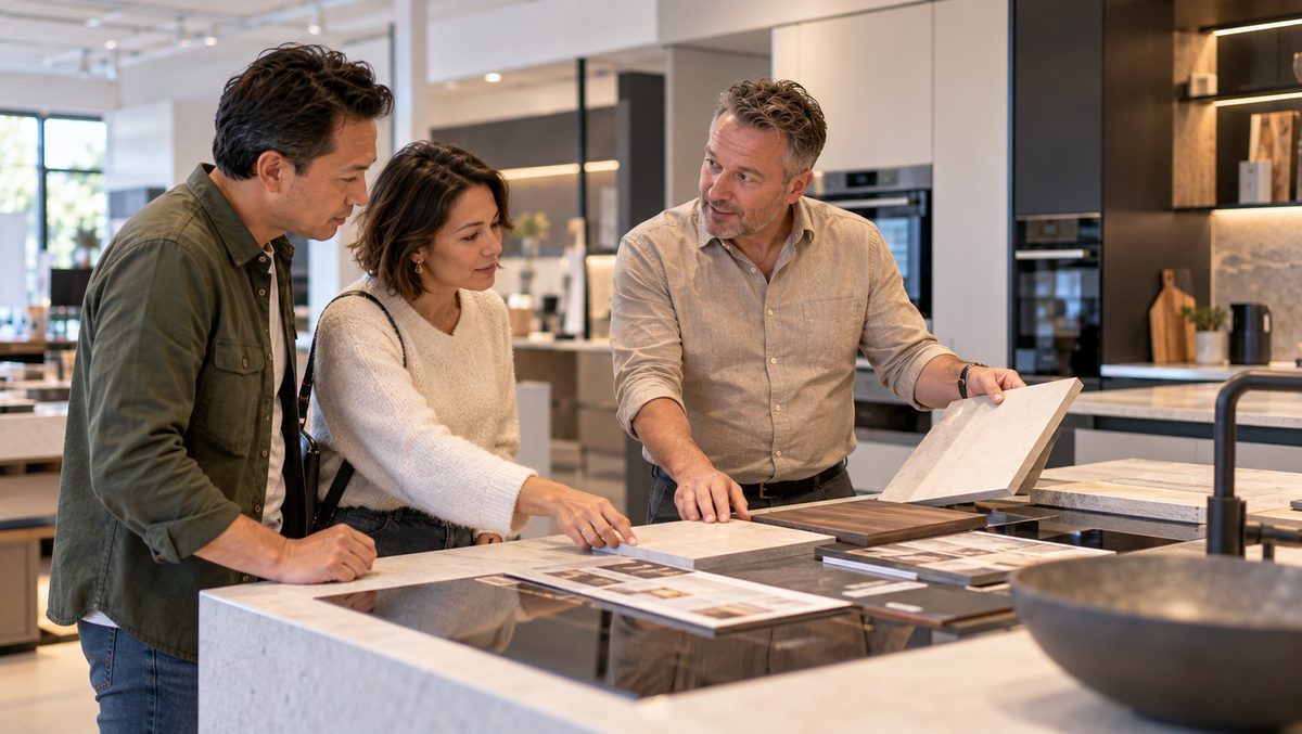 Verkoper in een keukenshowroom met een stel