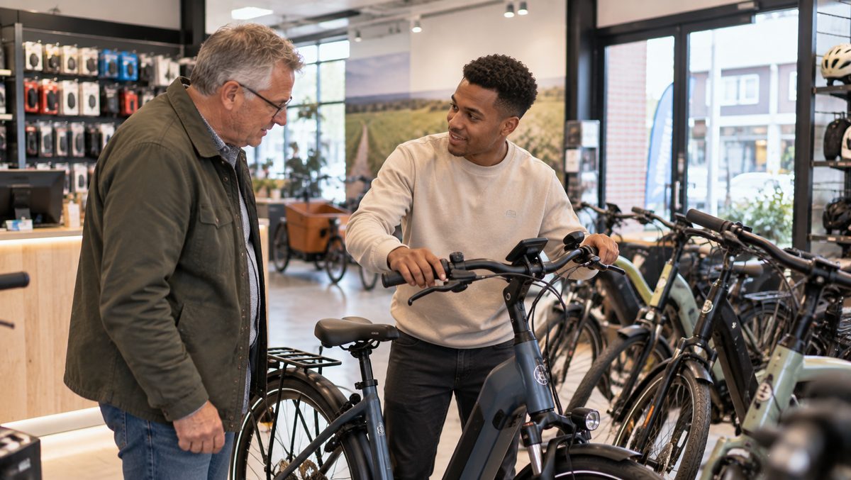 Medewerker van een fietsenwinkel helpt een klant