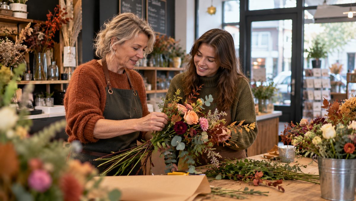 Bloemist en jonge collega binden samen een boeket