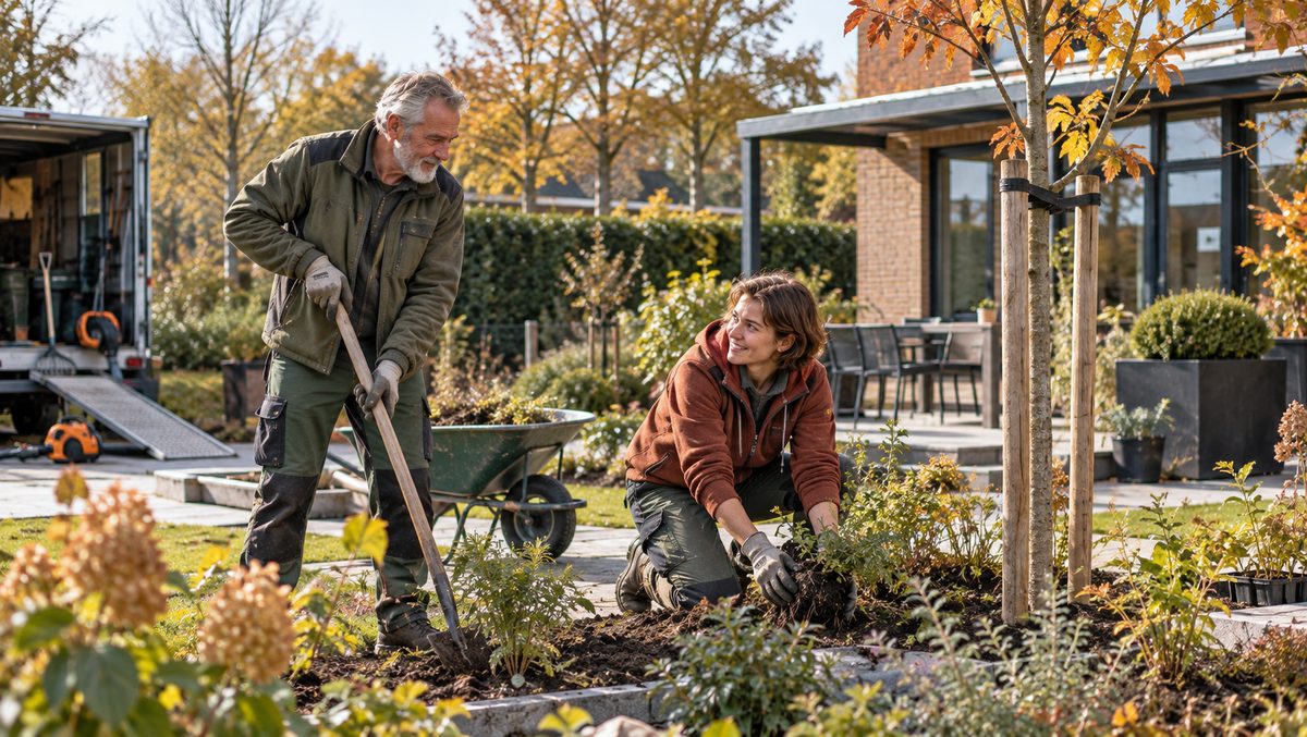 Hoveniers aan het werk in een tuin
