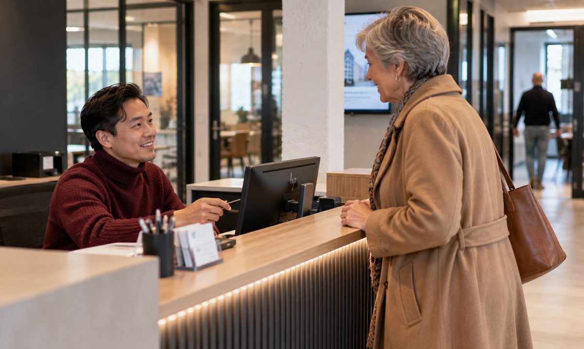 Receptionist begroet een bezoeker aan de balie