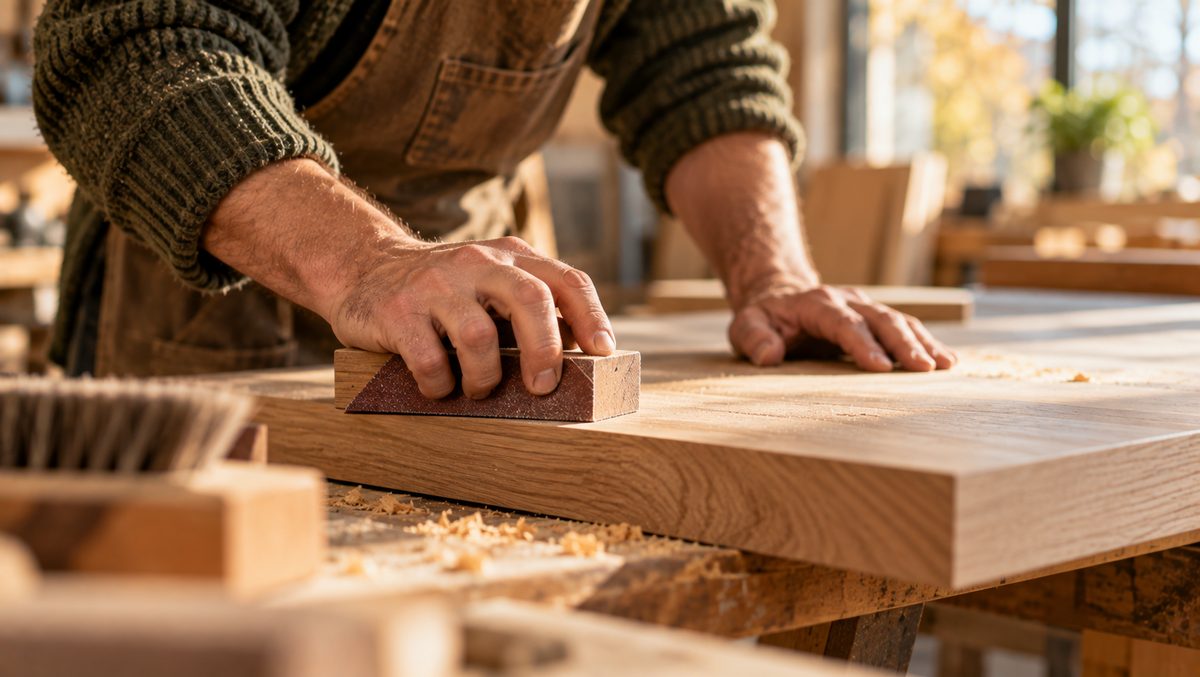Handen schuren een houten werkblad